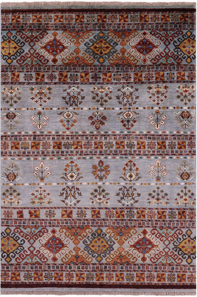 Grey Khorjin Persian Gabbeh Hand Knotted Wool Rug - 4' 2" X 6' 1" - Golden Nile