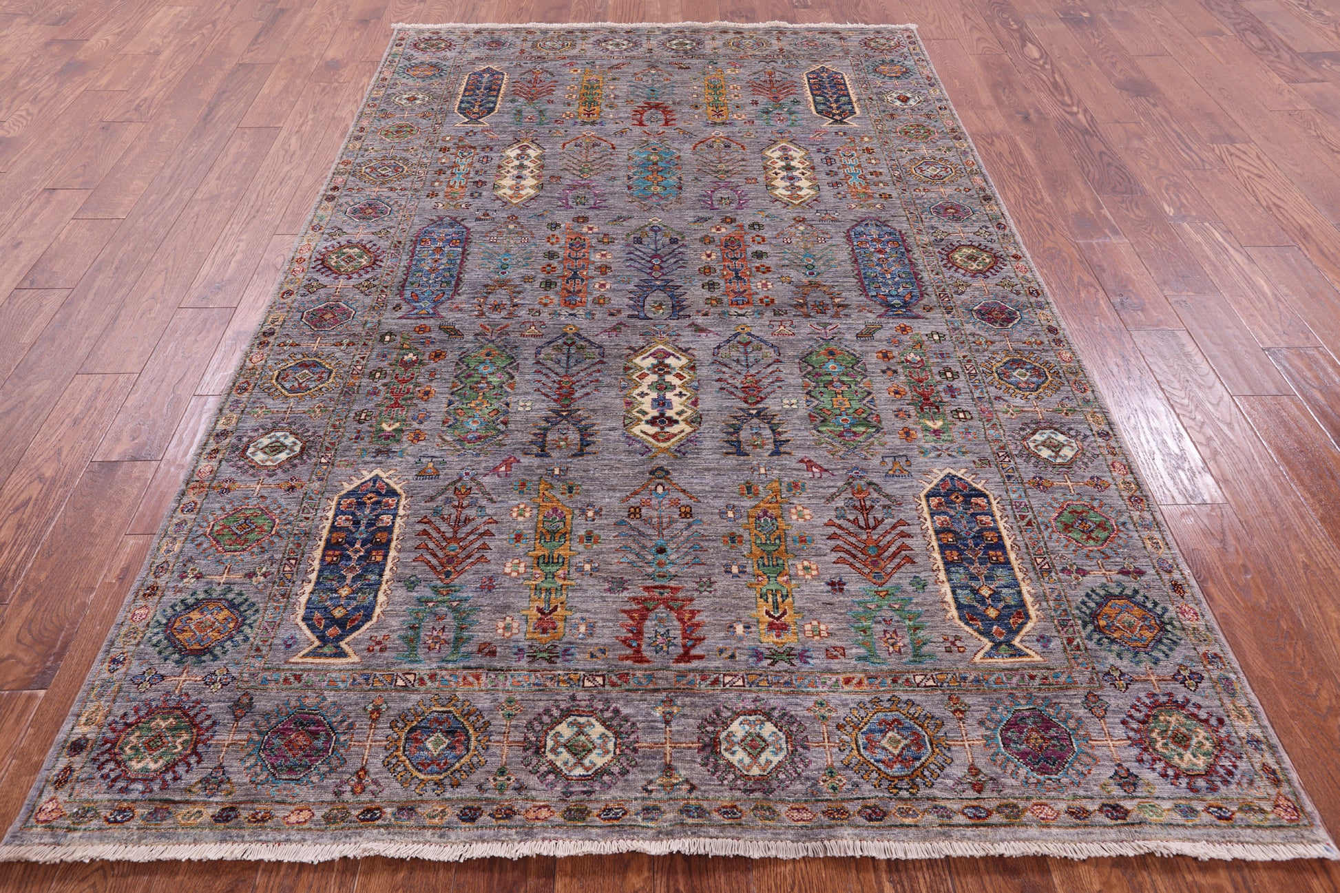 Grey Turkmen Ersari Hand Knotted Wool Rug - 5' 7" X 8' 9" - Golden Nile