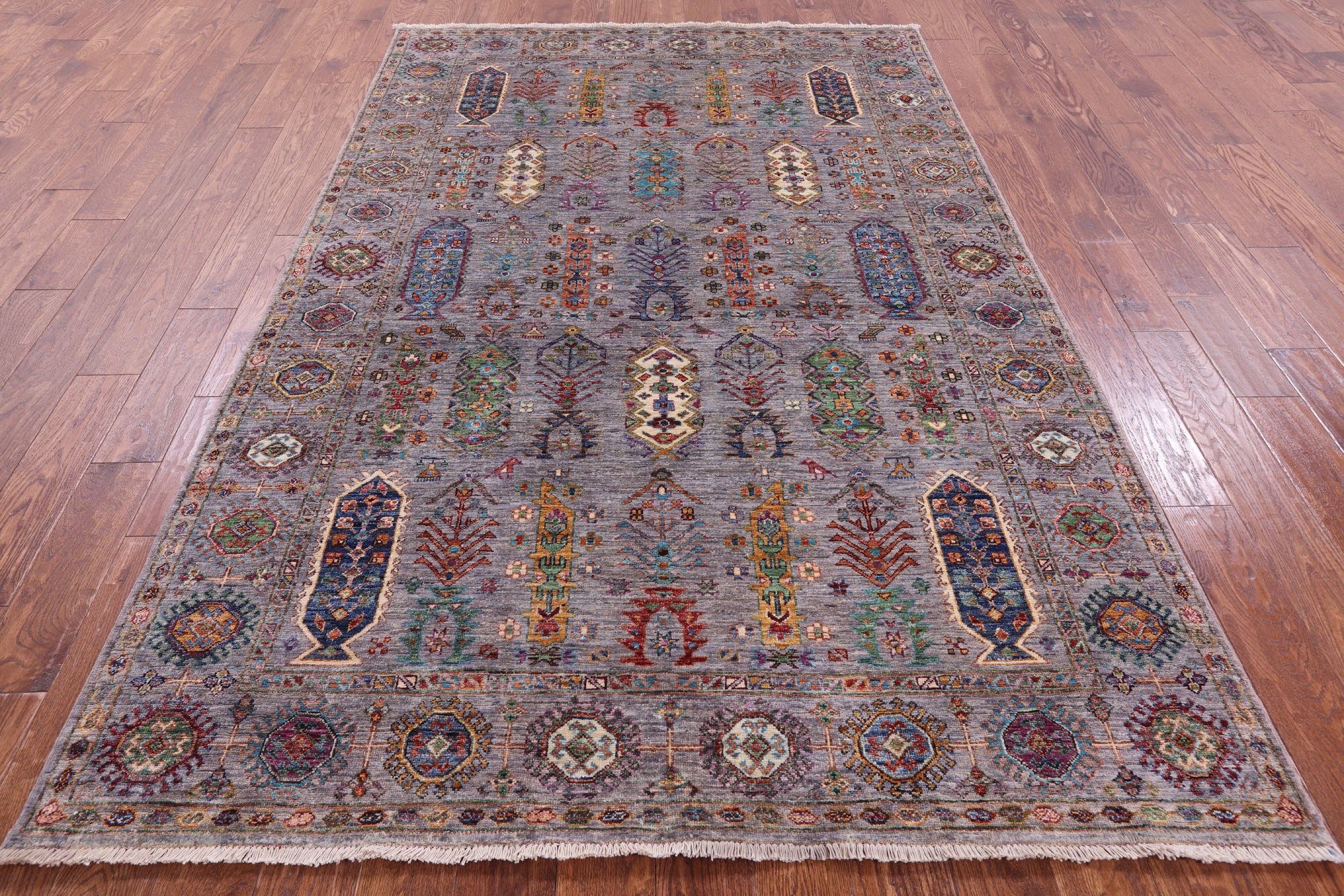 Grey Turkmen Ersari Hand Knotted Wool Rug - 5' 7" X 8' 9" - Golden Nile