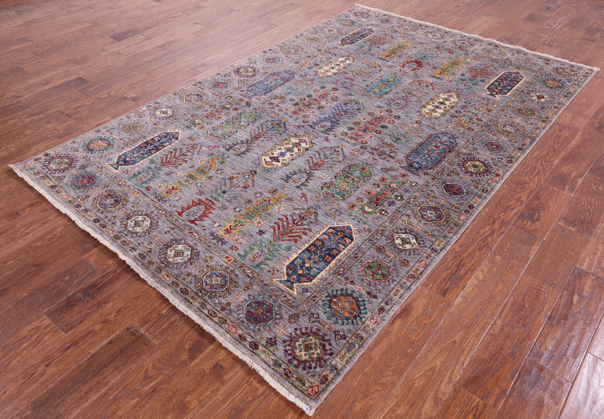 Grey Turkmen Ersari Hand Knotted Wool Rug - 5' 7" X 8' 9" - Golden Nile