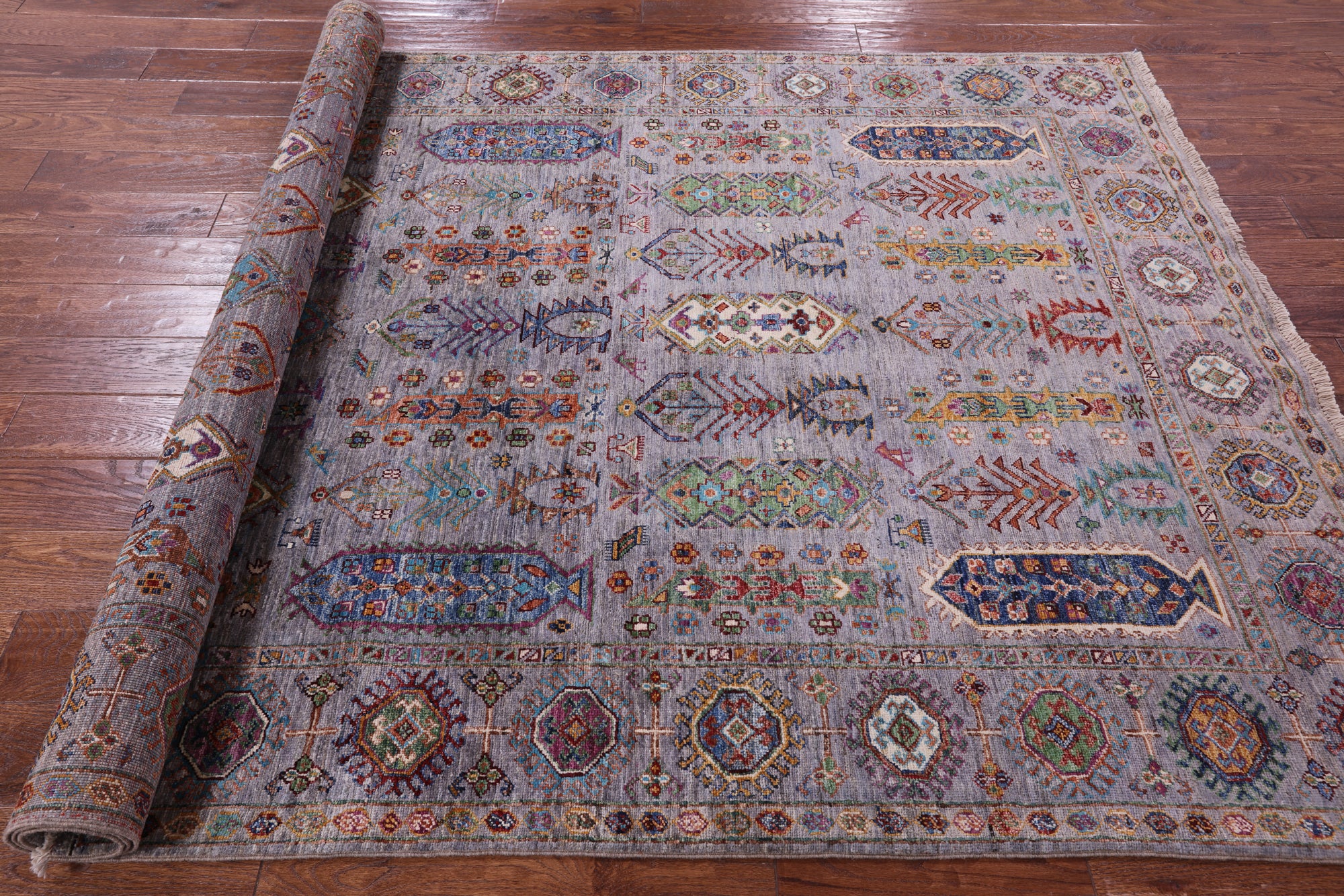 Grey Turkmen Ersari Hand Knotted Wool Rug - 5' 7" X 8' 9" - Golden Nile