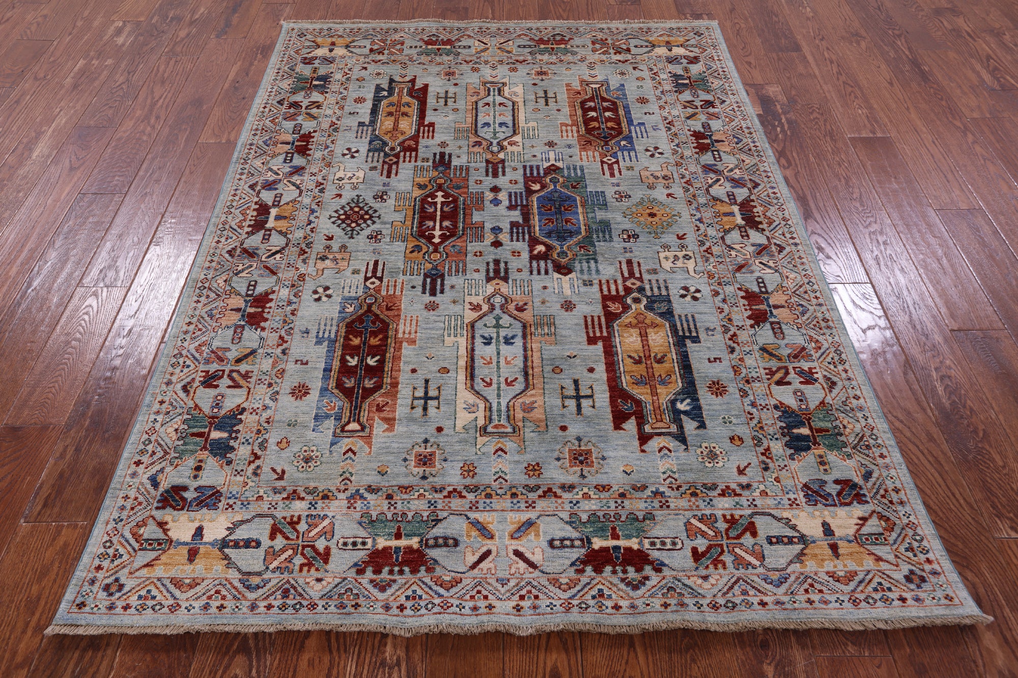 Blue Persian Fine Serapi Hand Knotted Wool Rug - 5' 0" X 6' 9" - Golden Nile