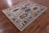 Blue Persian Fine Serapi Hand Knotted Wool Rug - 5' 0" X 6' 9" - Golden Nile
