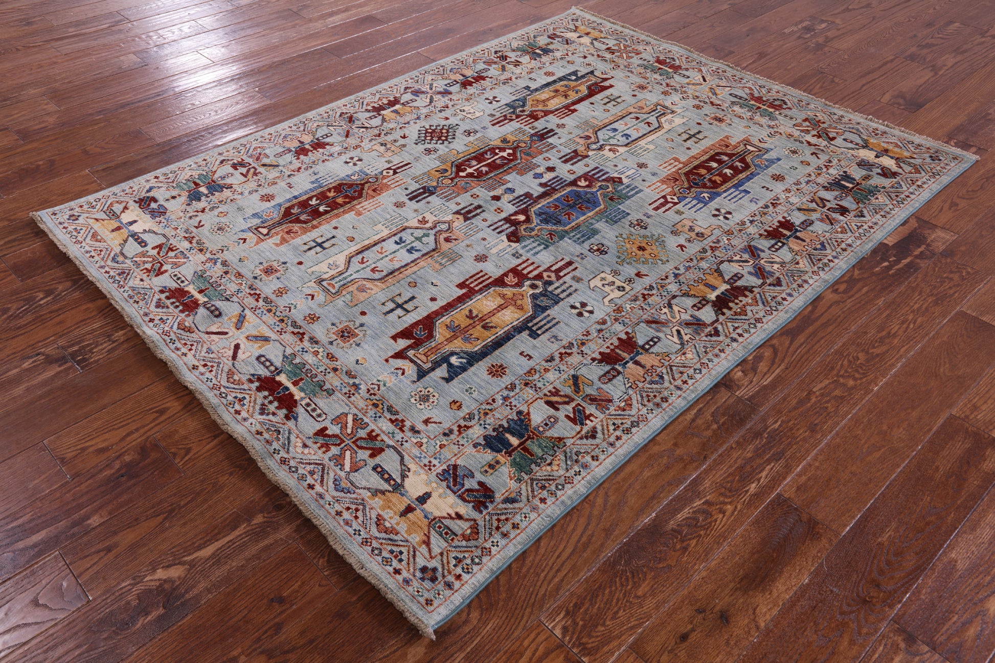Blue Persian Fine Serapi Hand Knotted Wool Rug - 5' 0" X 6' 9" - Golden Nile