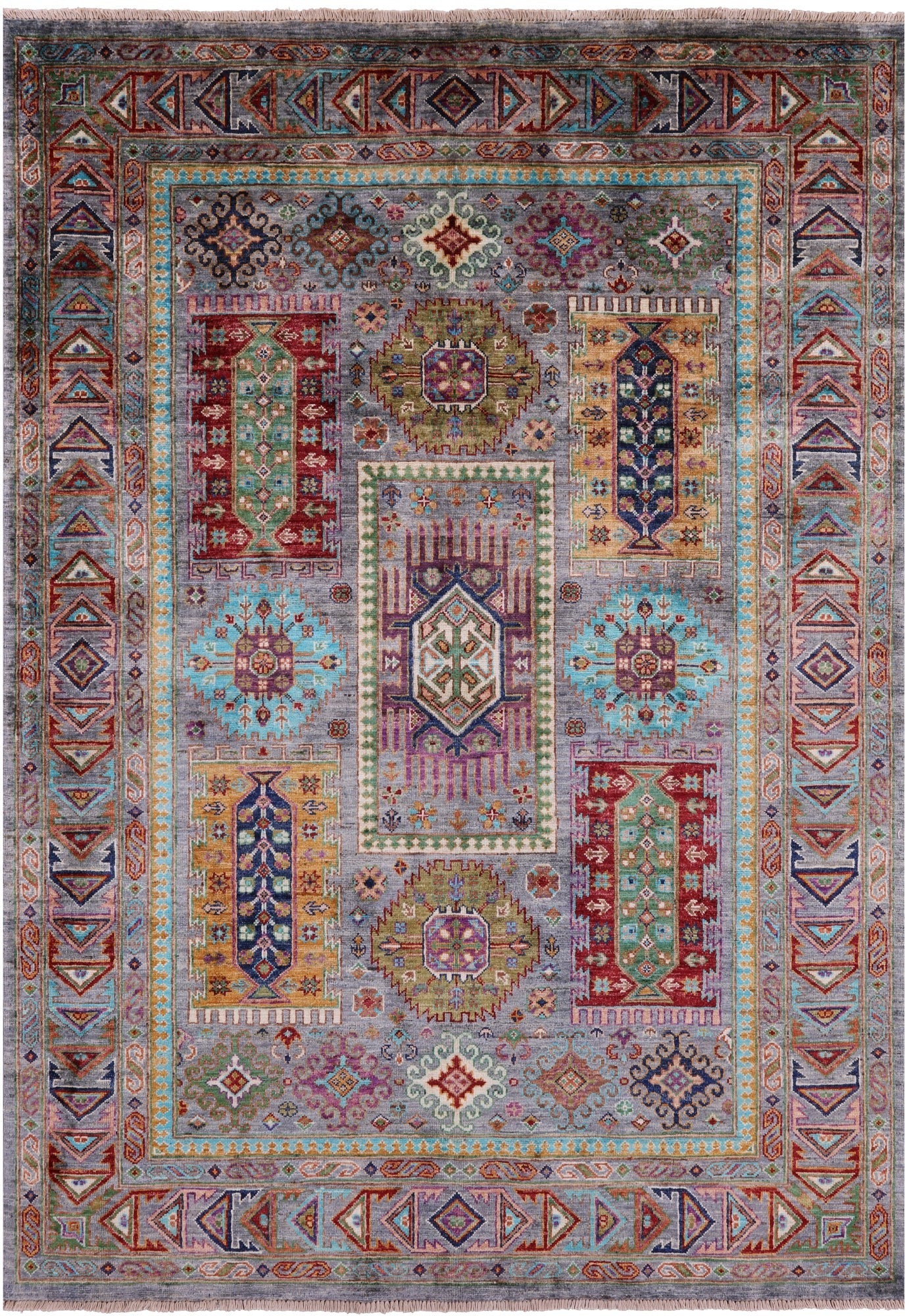 Grey Turkmen Ersari Hand Knotted Wool Rug - 5' 0" X 7' 2" - Golden Nile