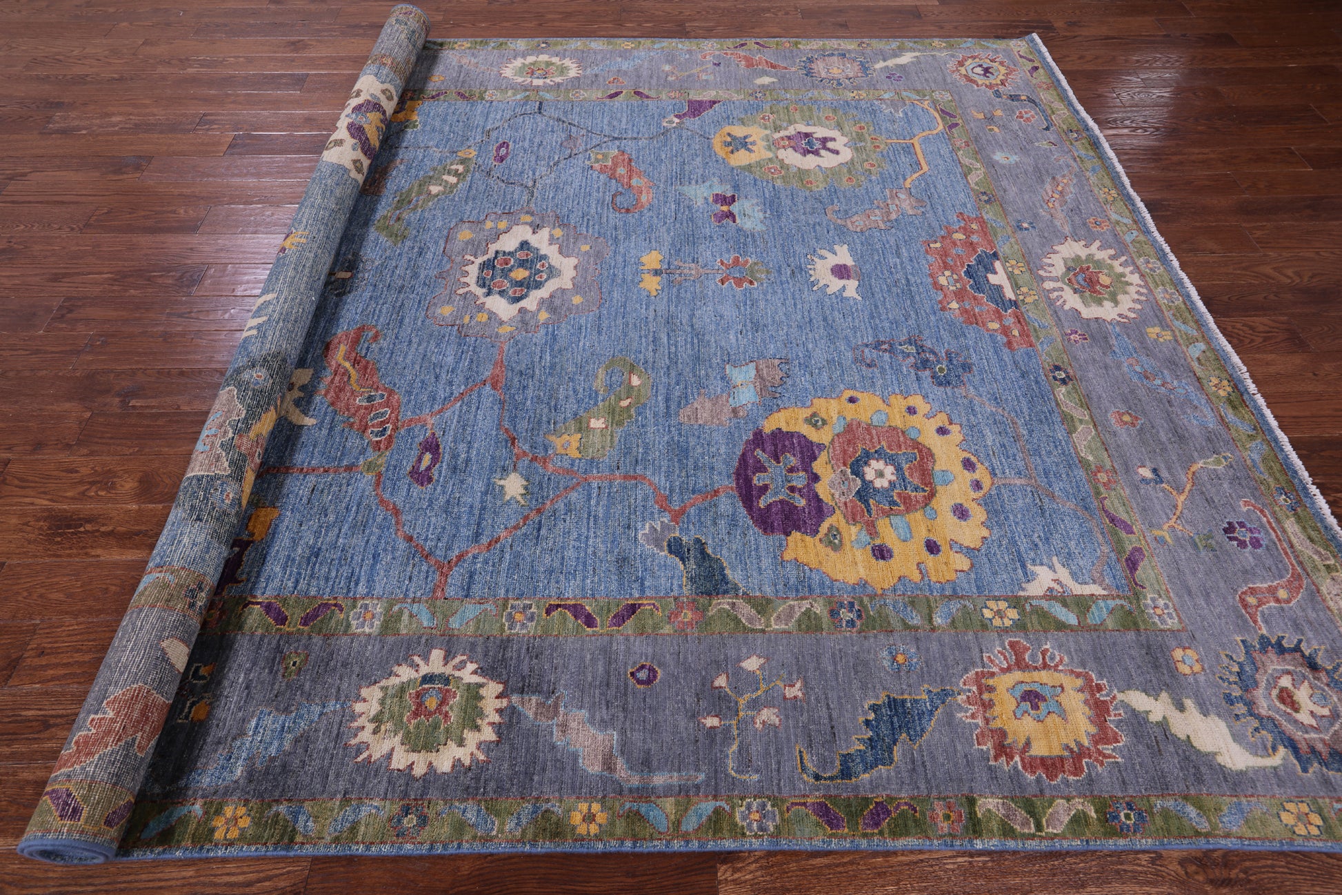 Blue Turkish Oushak Hand Knotted Wool Rug - 8' 10" X 11' 7" - Golden Nile