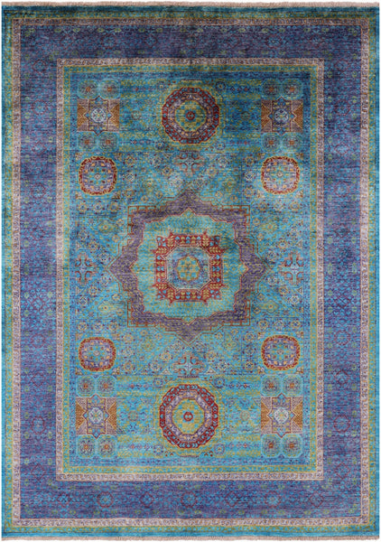 Blue Geometric Persian Mamluk Hand Knotted Wool Rug - 5' 8" X 7' 8" - Golden Nile