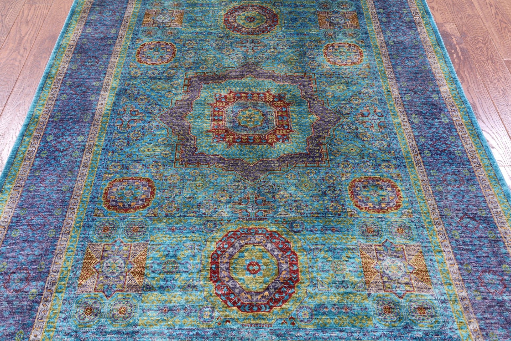 Blue Geometric Persian Mamluk Hand Knotted Wool Rug - 5' 8" X 7' 8" - Golden Nile