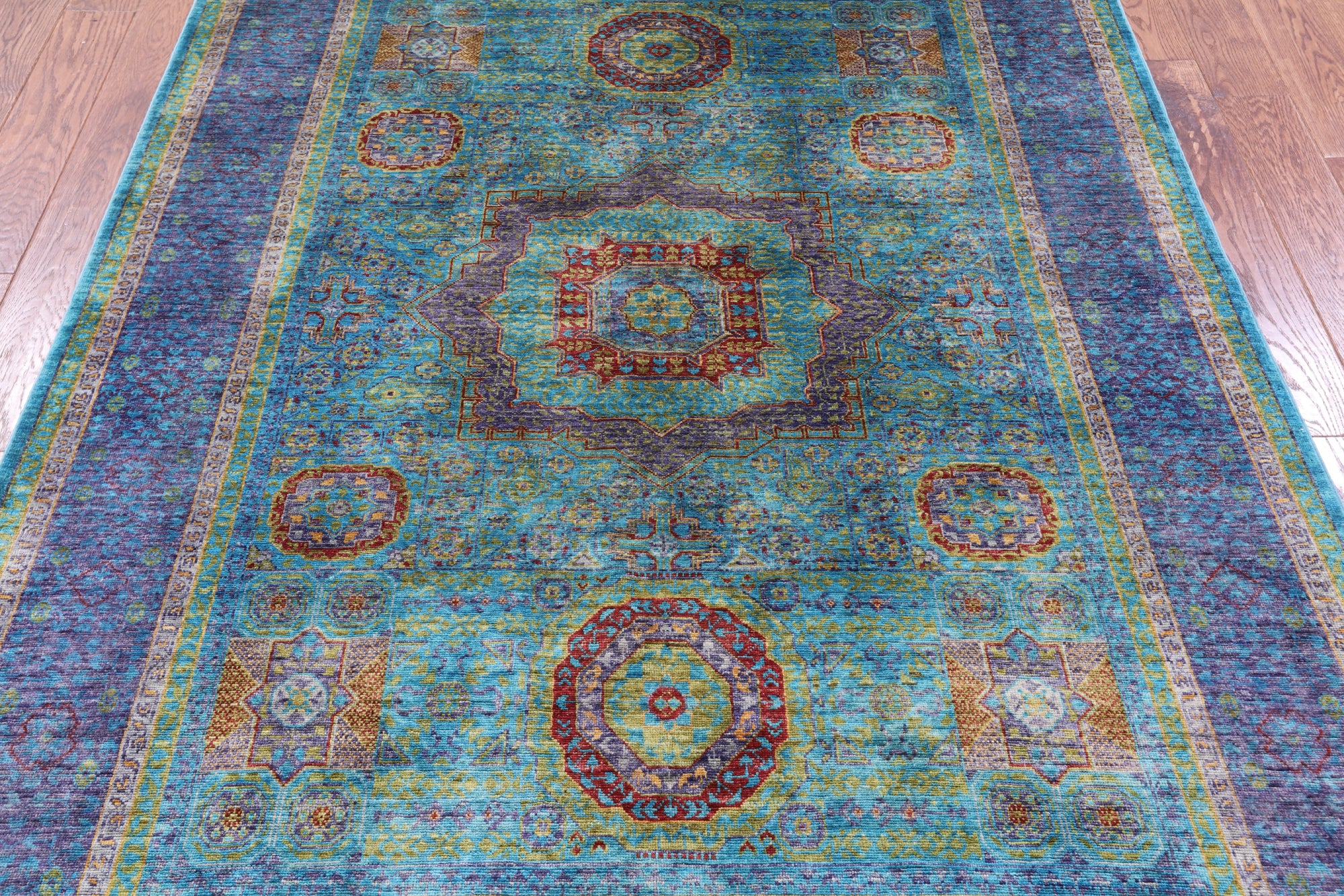 Blue Geometric Persian Mamluk Hand Knotted Wool Rug - 5' 8" X 7' 8" - Golden Nile