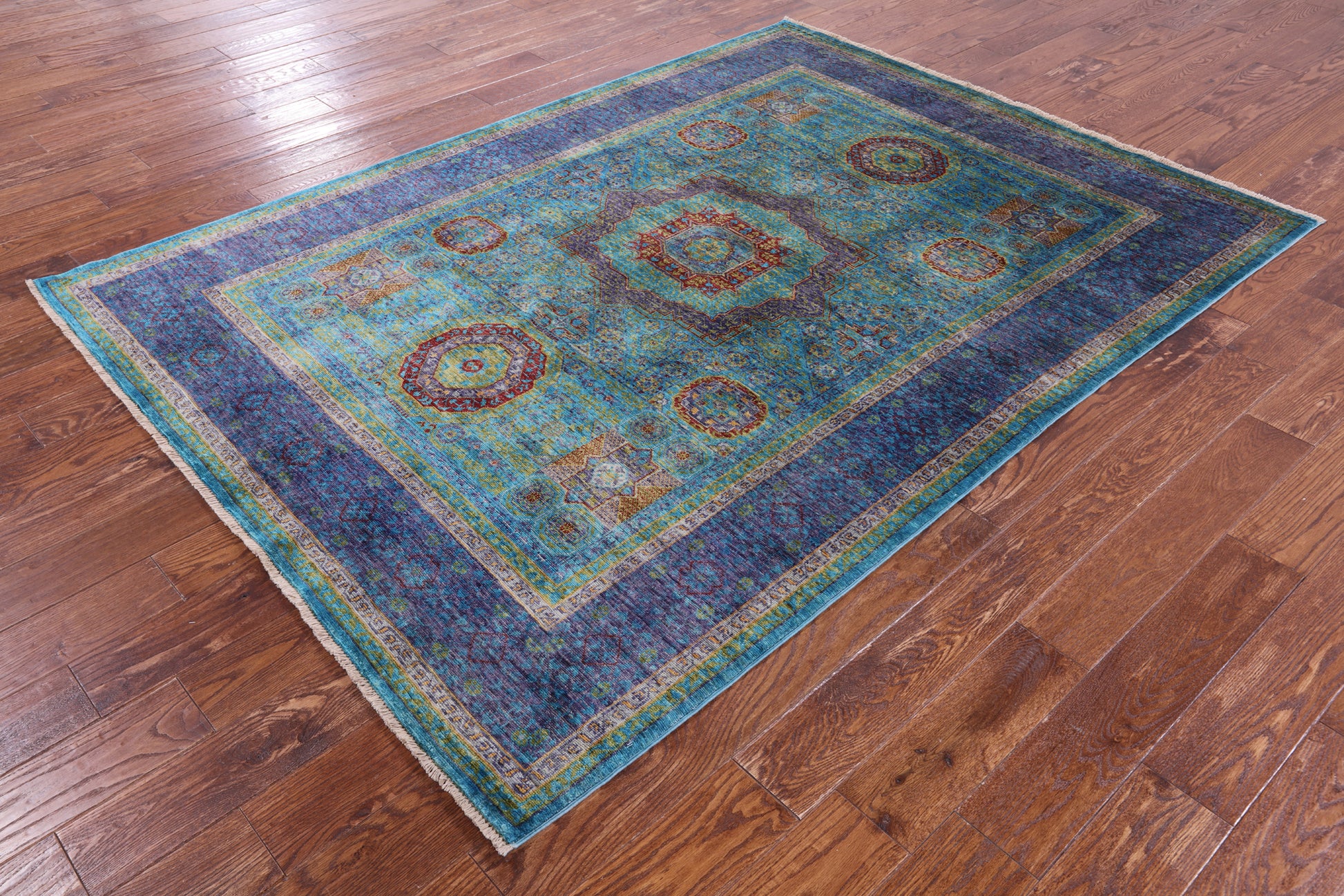 Blue Geometric Persian Mamluk Hand Knotted Wool Rug - 5' 8" X 7' 8" - Golden Nile