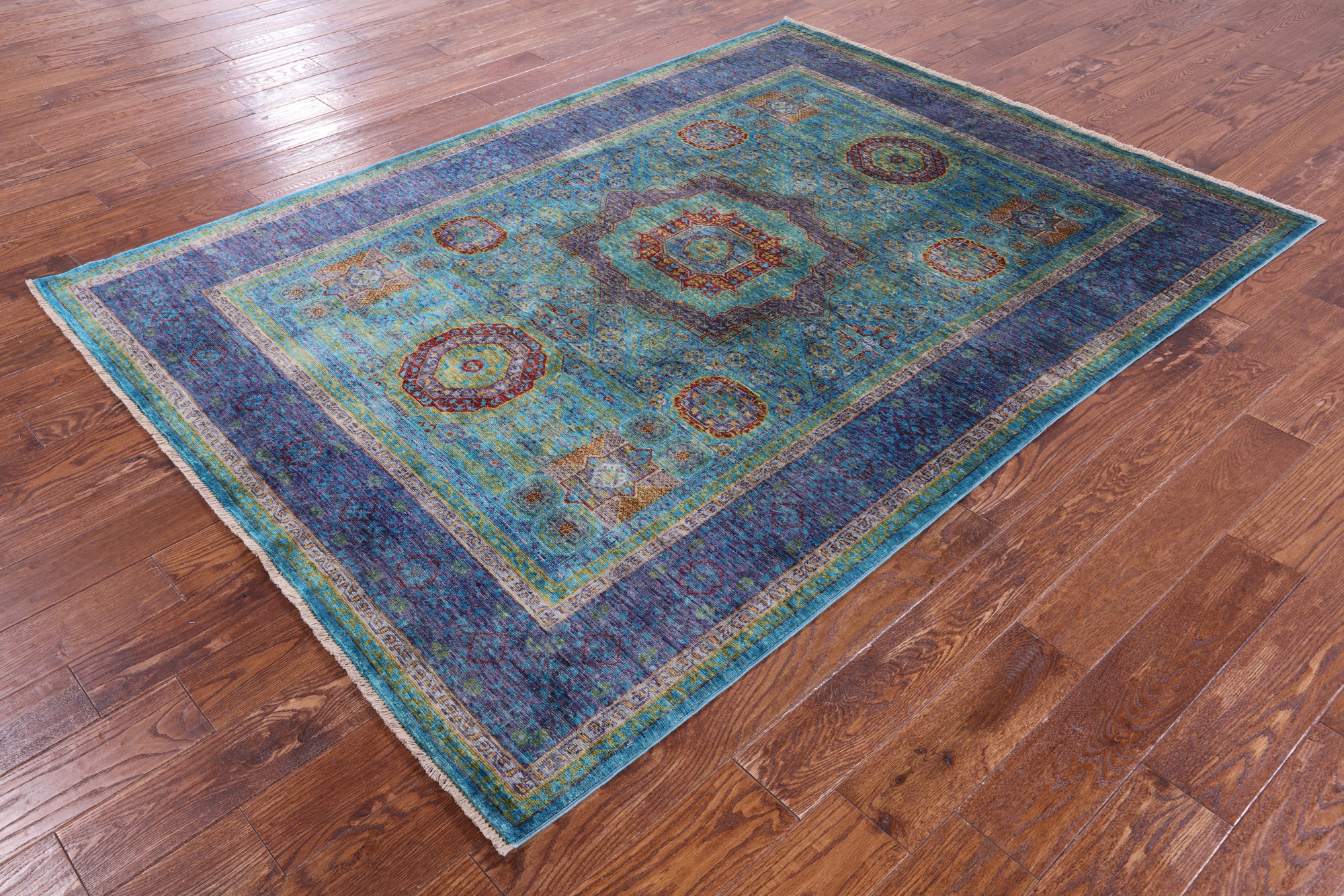 Blue Geometric Persian Mamluk Hand Knotted Wool Rug - 5' 8" X 7' 8" - Golden Nile