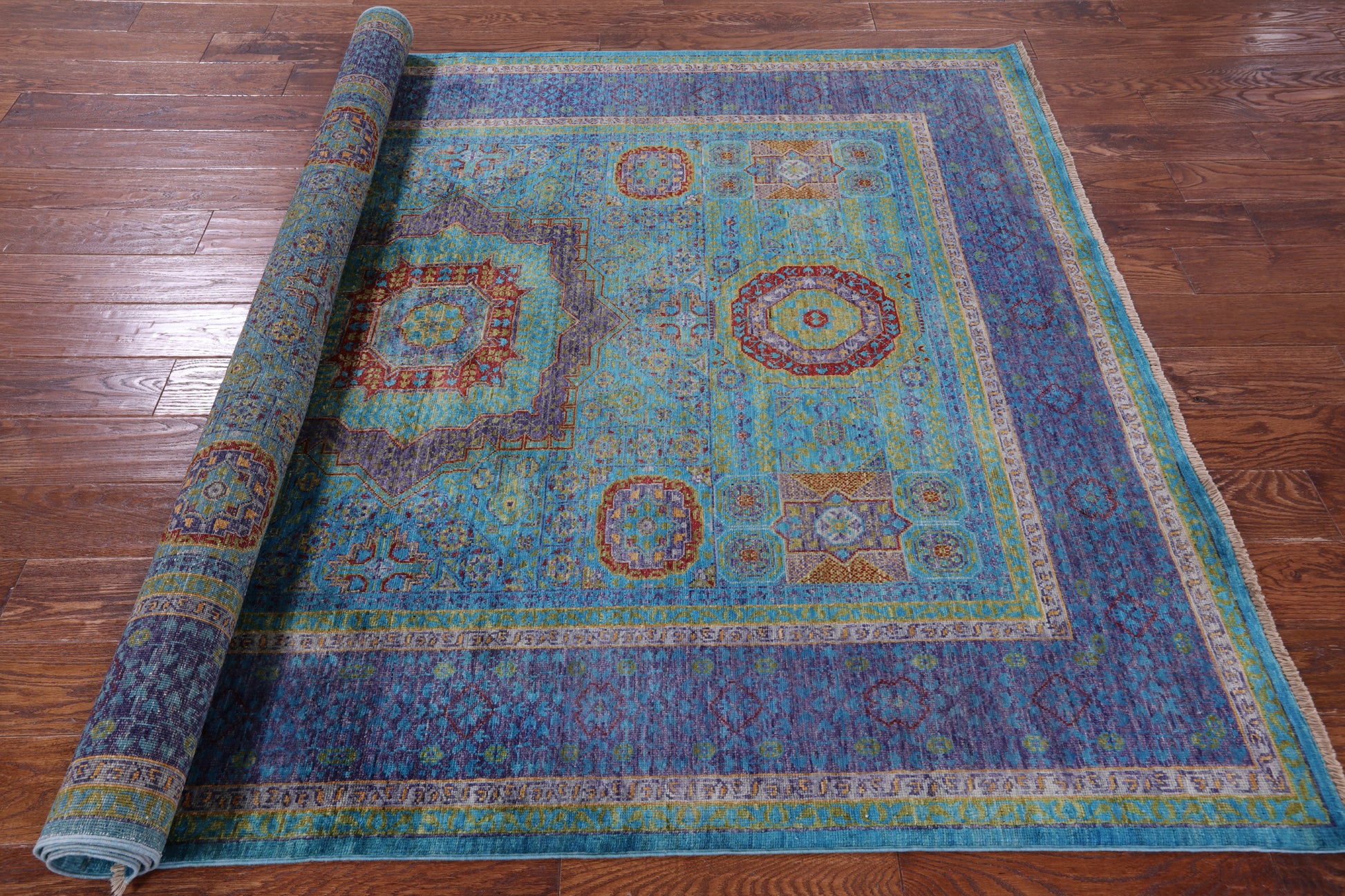 Blue Geometric Persian Mamluk Hand Knotted Wool Rug - 5' 8" X 7' 8" - Golden Nile