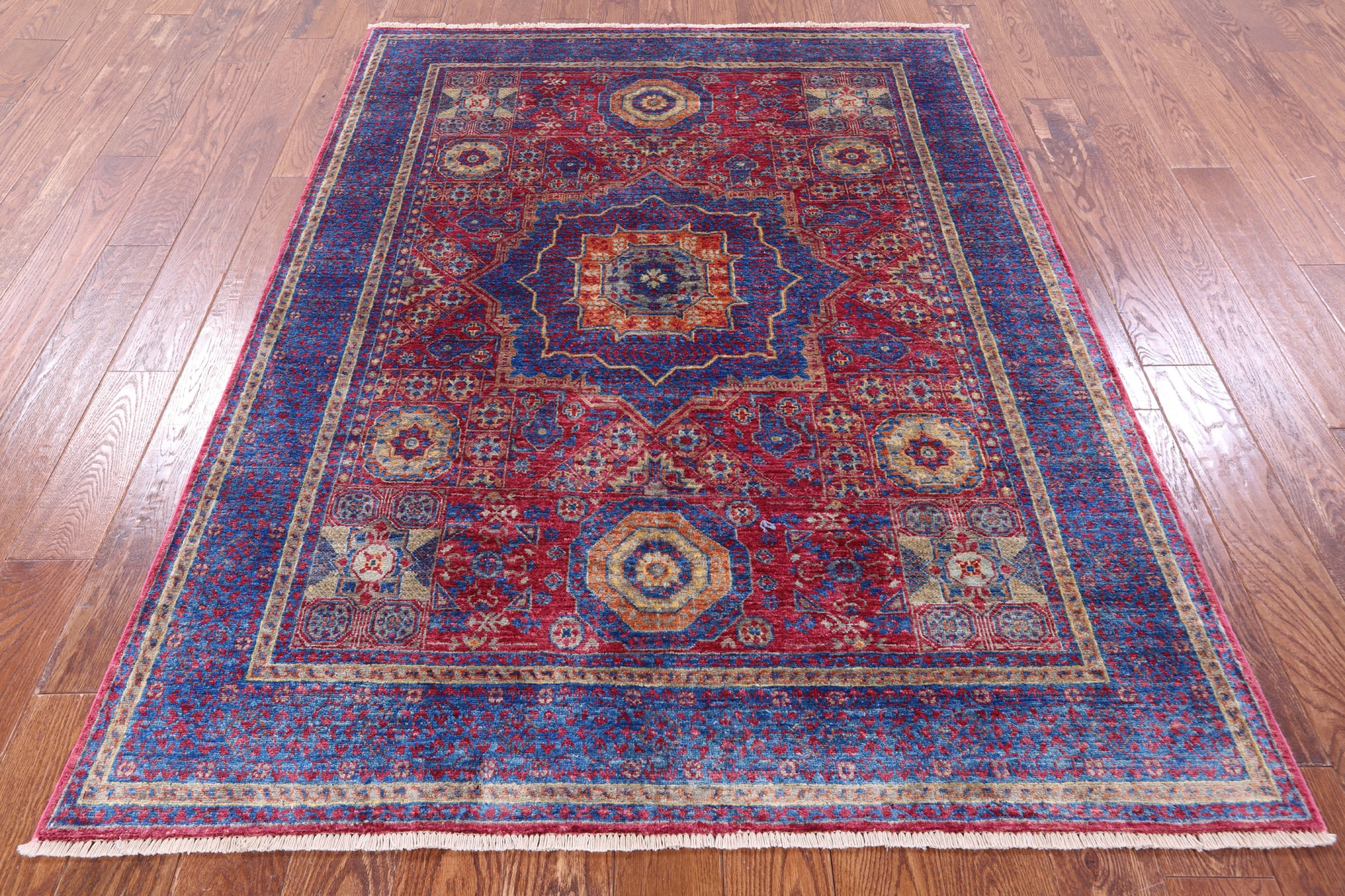 Geometric Persian Mamluk Hand Knotted Wool Rug - 5' 0" X 6' 7" - Golden Nile