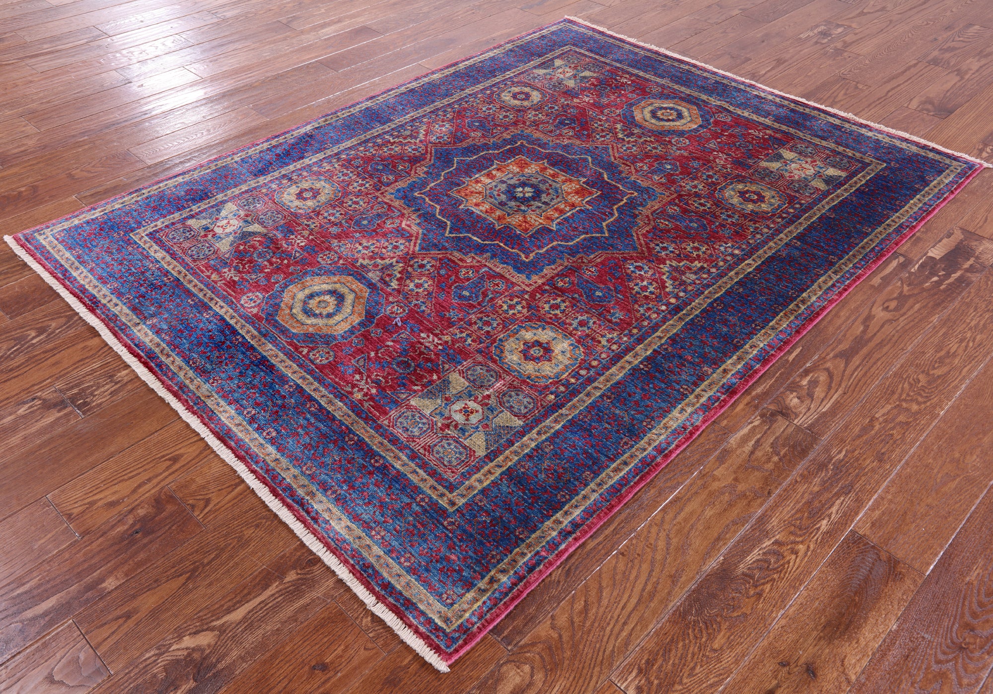 Geometric Persian Mamluk Hand Knotted Wool Rug - 5' 0" X 6' 7" - Golden Nile