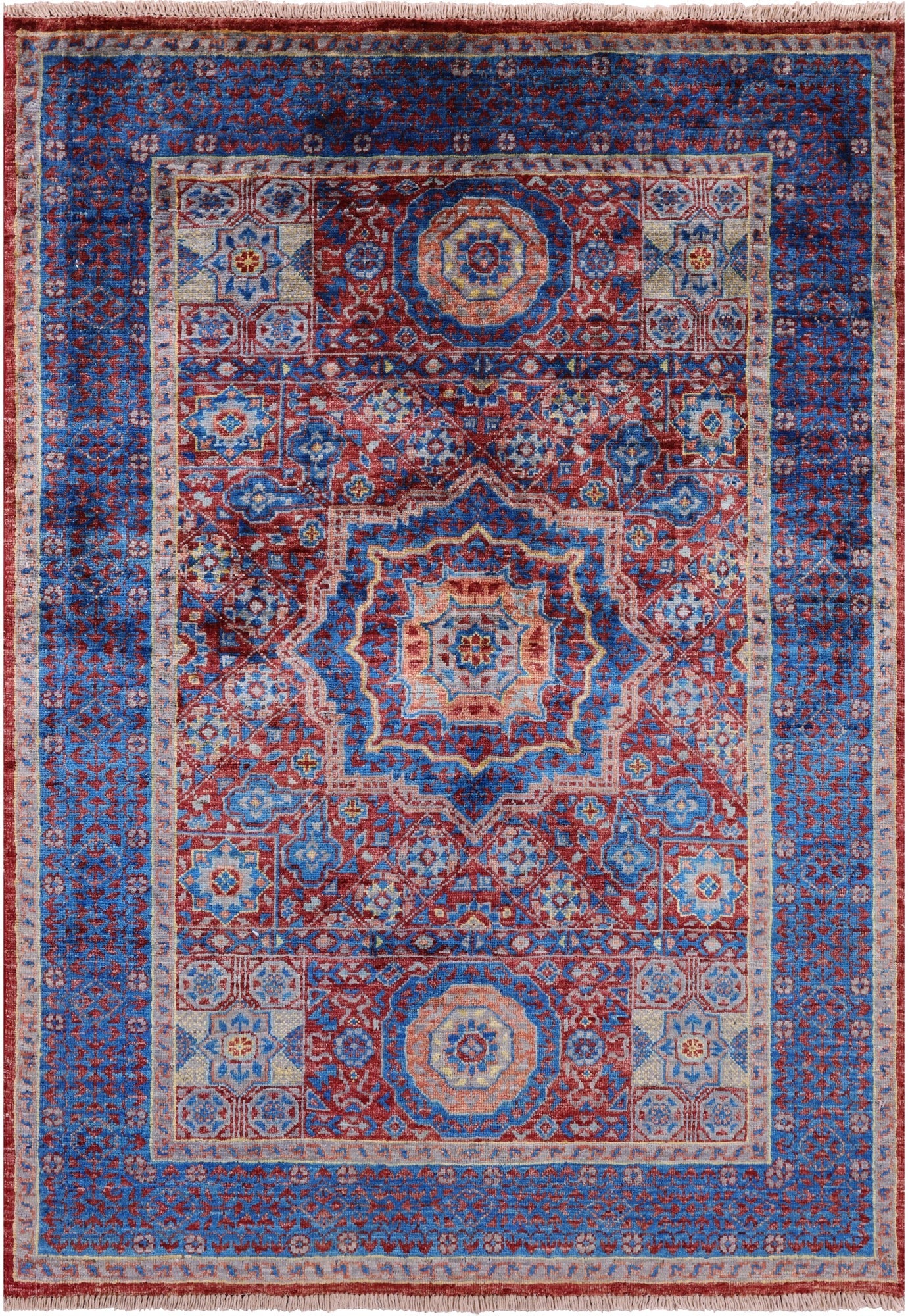 Red Geometric Persian Mamluk Hand Knotted Wool Rug - 3' 4" X 4' 8" - Golden Nile