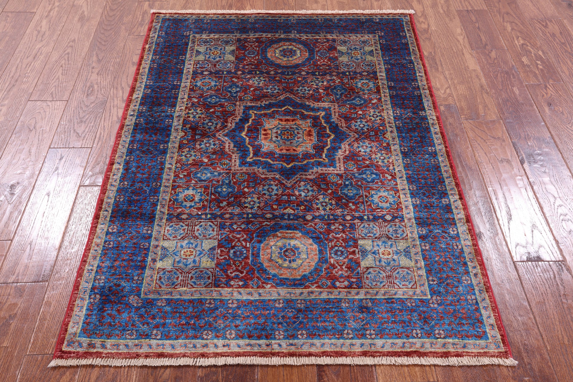 Red Geometric Persian Mamluk Hand Knotted Wool Rug - 3' 4" X 4' 8" - Golden Nile