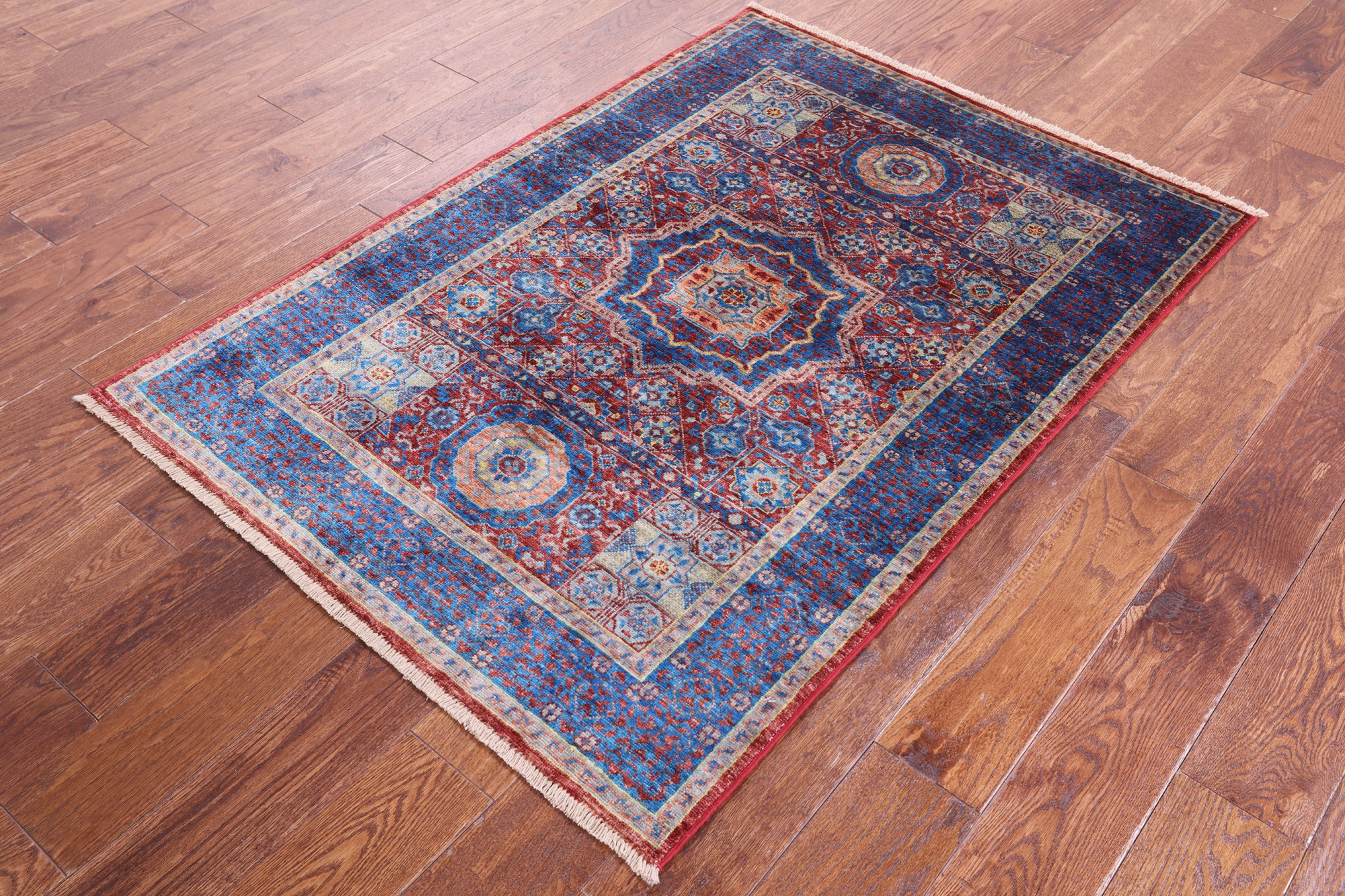 Red Geometric Persian Mamluk Hand Knotted Wool Rug - 3' 4" X 4' 8" - Golden Nile