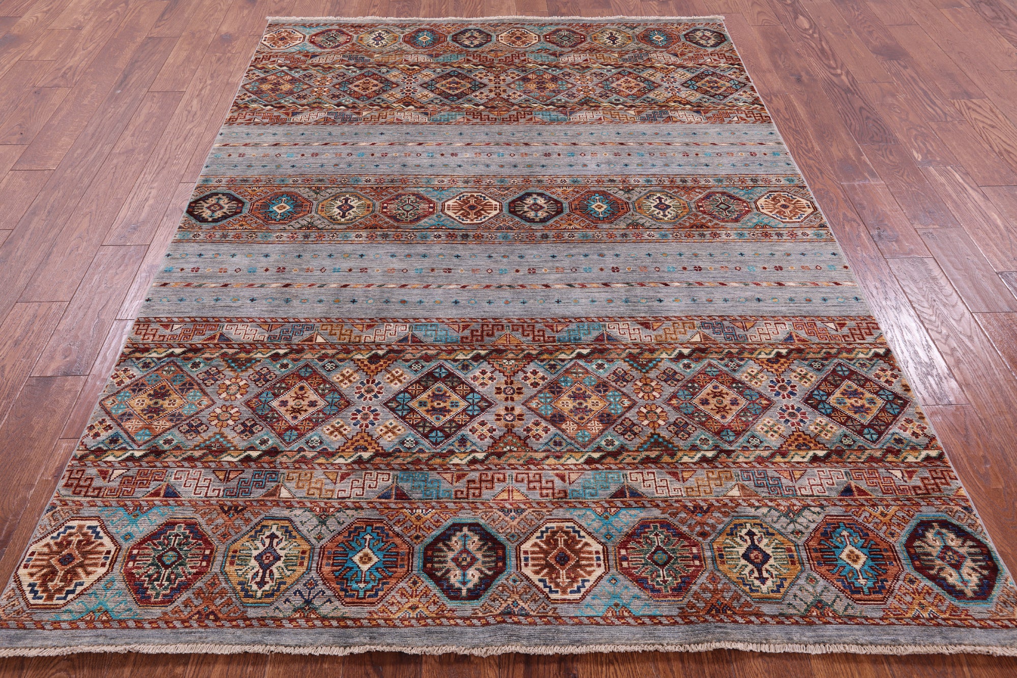 Grey Khorjin Persian Gabbeh Hand Knotted Wool Rug - 5' 9" X 8' 0" - Golden Nile