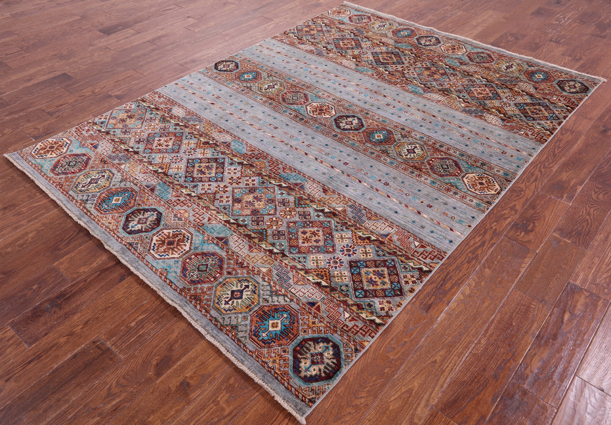 Grey Khorjin Persian Gabbeh Hand Knotted Wool Rug - 5' 9" X 8' 0" - Golden Nile