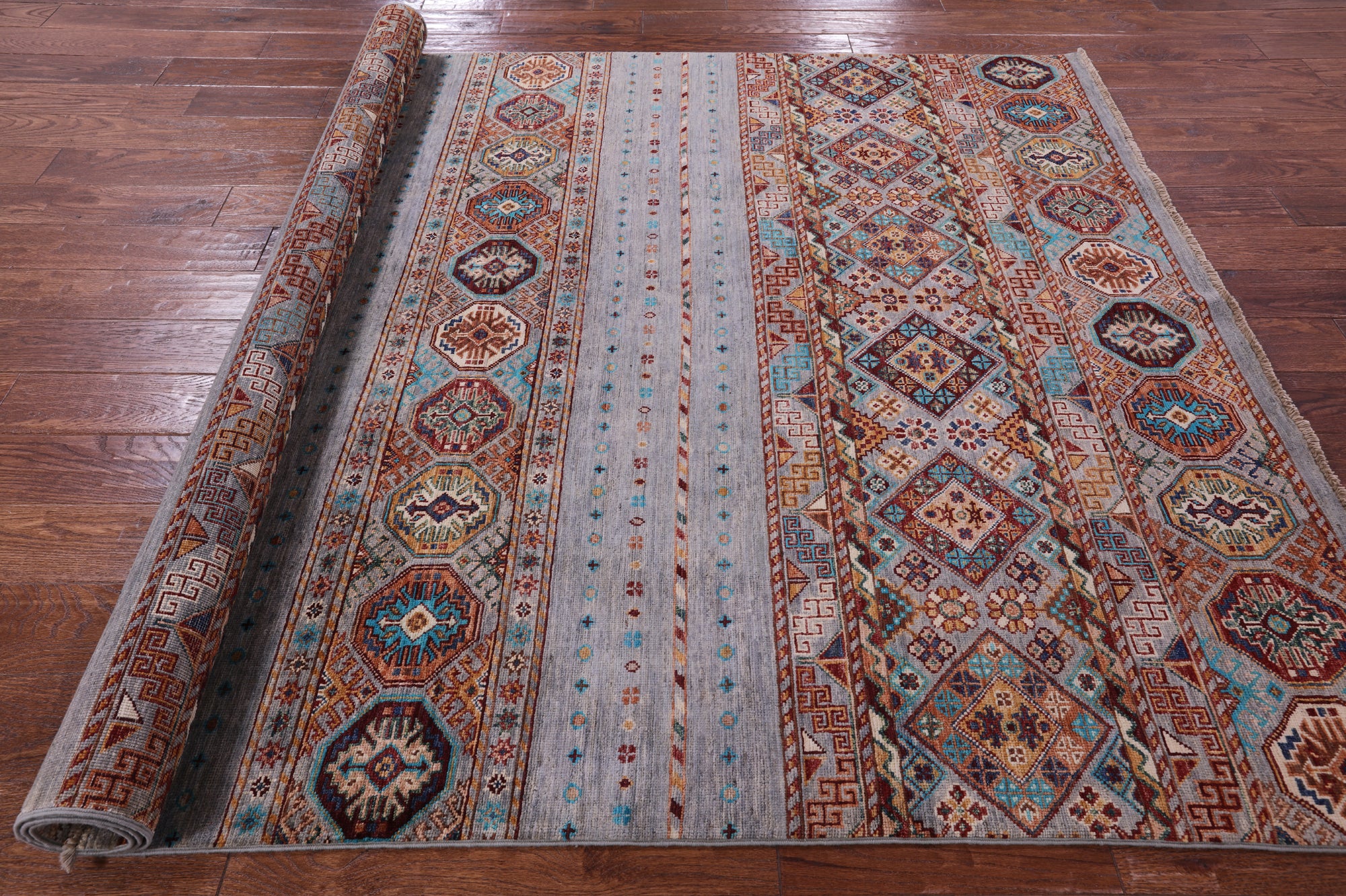 Grey Khorjin Persian Gabbeh Hand Knotted Wool Rug - 5' 9" X 8' 0" - Golden Nile
