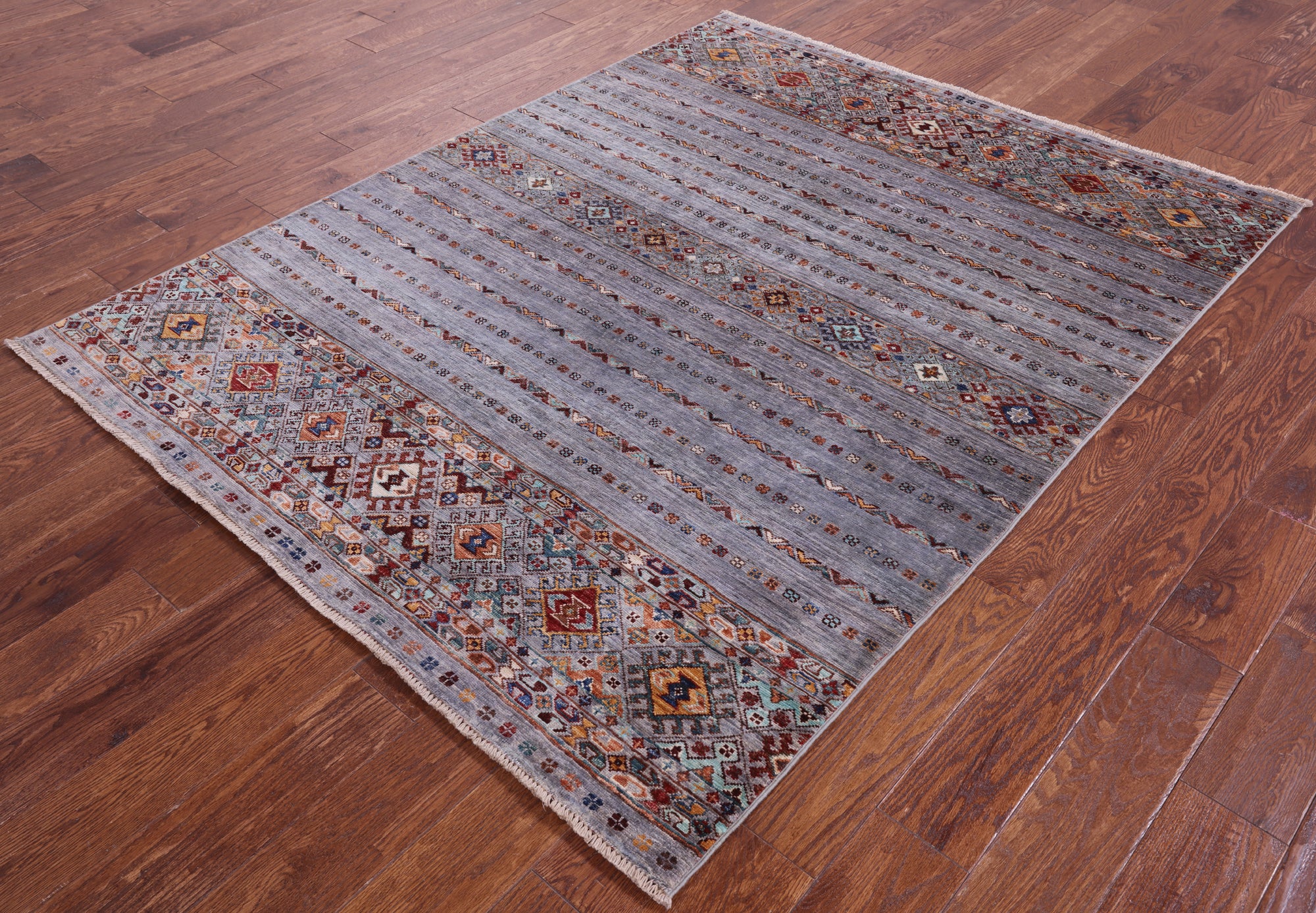 Grey Khorjin Persian Gabbeh Handmade Wool Rug - 5' 1" X 6' 6" - Golden Nile