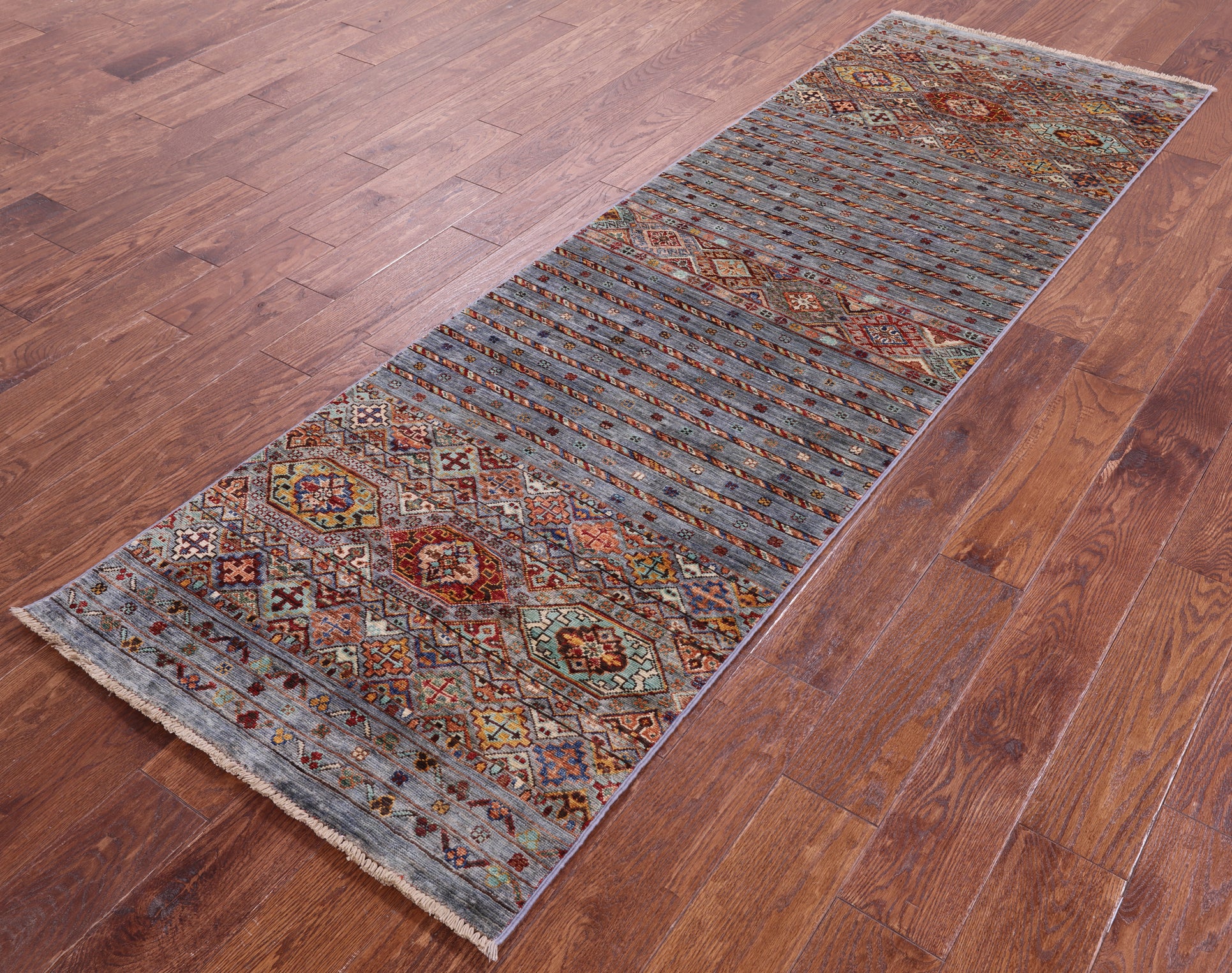 Grey Khorjin Persian Gabbeh Hand Knotted Wool Runner Rug - 2' 7" X 8' 4" - Golden Nile
