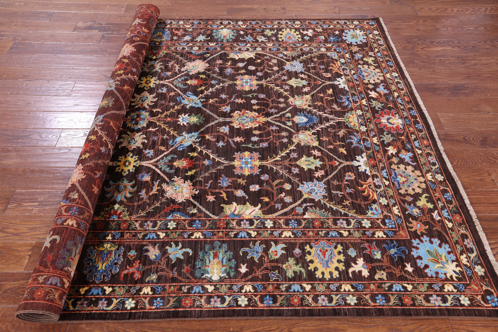 Brown Peshawar Hand Knotted Wool Rug - 6' 8" X 9' 11" - Golden Nile
