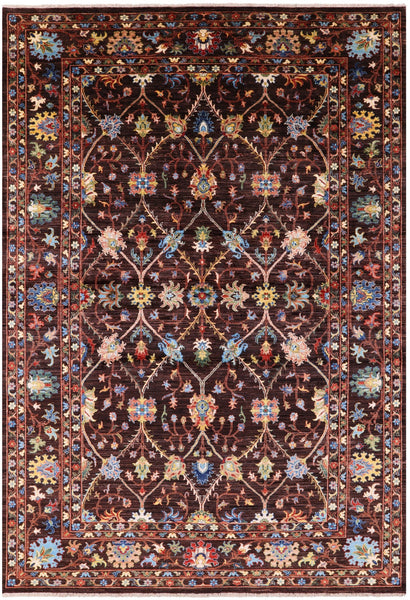 Brown Peshawar Hand Knotted Wool Rug - 6' 8" X 9' 11" - Golden Nile