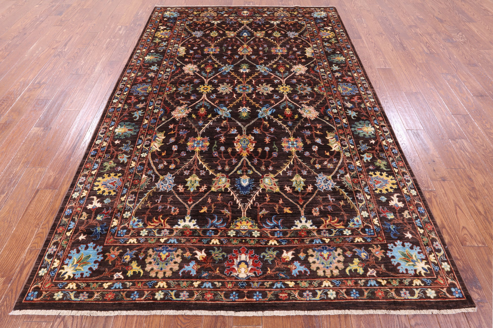 Brown Peshawar Hand Knotted Wool Rug - 6' 8" X 9' 11" - Golden Nile