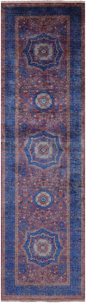 Purple Geometric Persian Mamluk Hand Knotted Wool Runner Rug - 2' 9" X 9' 9" - Golden Nile