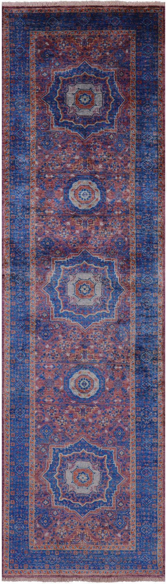 Purple Geometric Persian Mamluk Hand Knotted Wool Runner Rug - 2' 9" X 9' 9" - Golden Nile