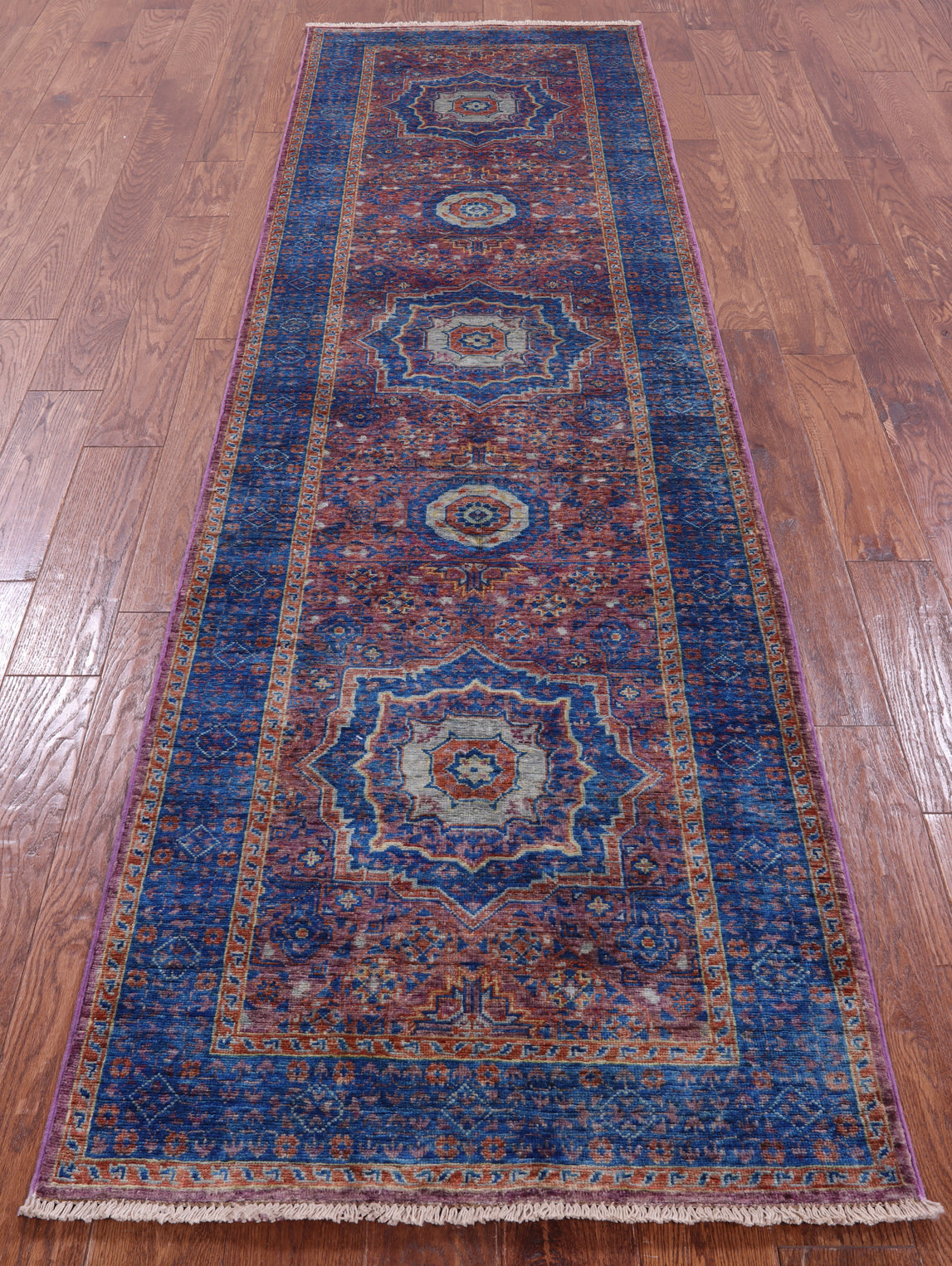 Purple Geometric Persian Mamluk Hand Knotted Wool Runner Rug - 2' 9" X 9' 9" - Golden Nile