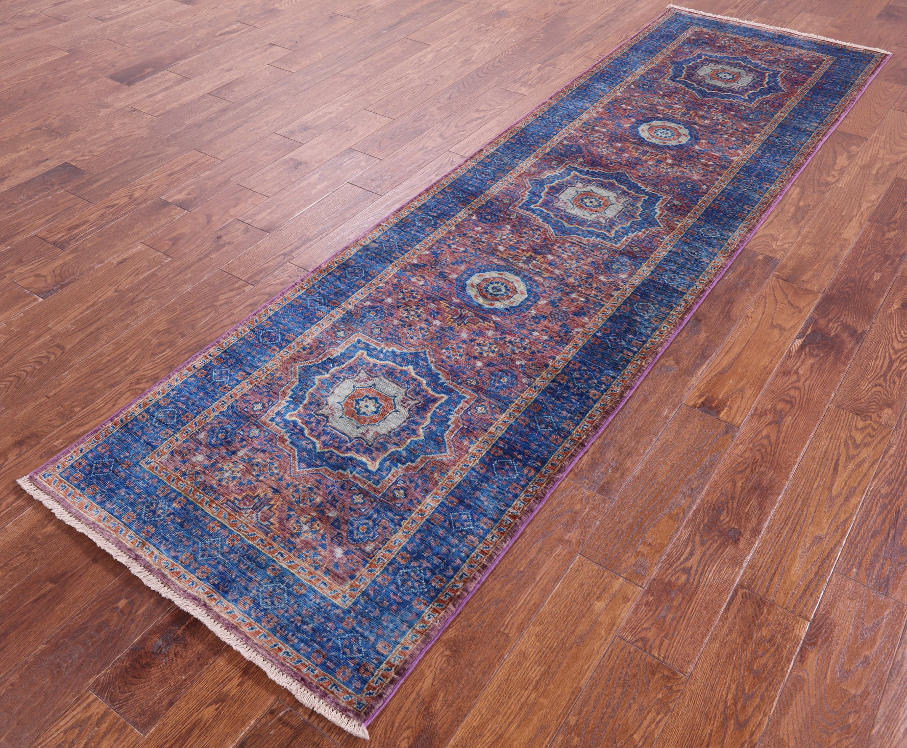 Purple Geometric Persian Mamluk Hand Knotted Wool Runner Rug - 2' 9" X 9' 9" - Golden Nile