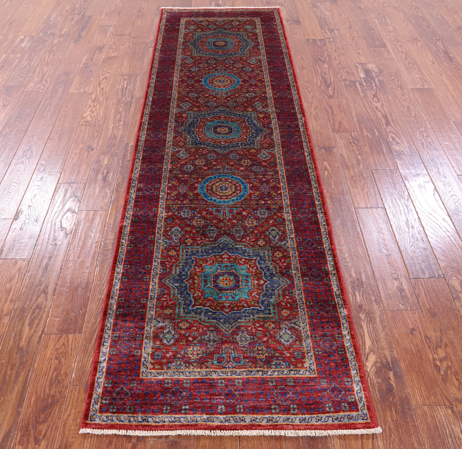 Red Geometric Persian Mamluk Hand Knotted Wool Runner Rug - 2' 9" X 9' 6" - Golden Nile