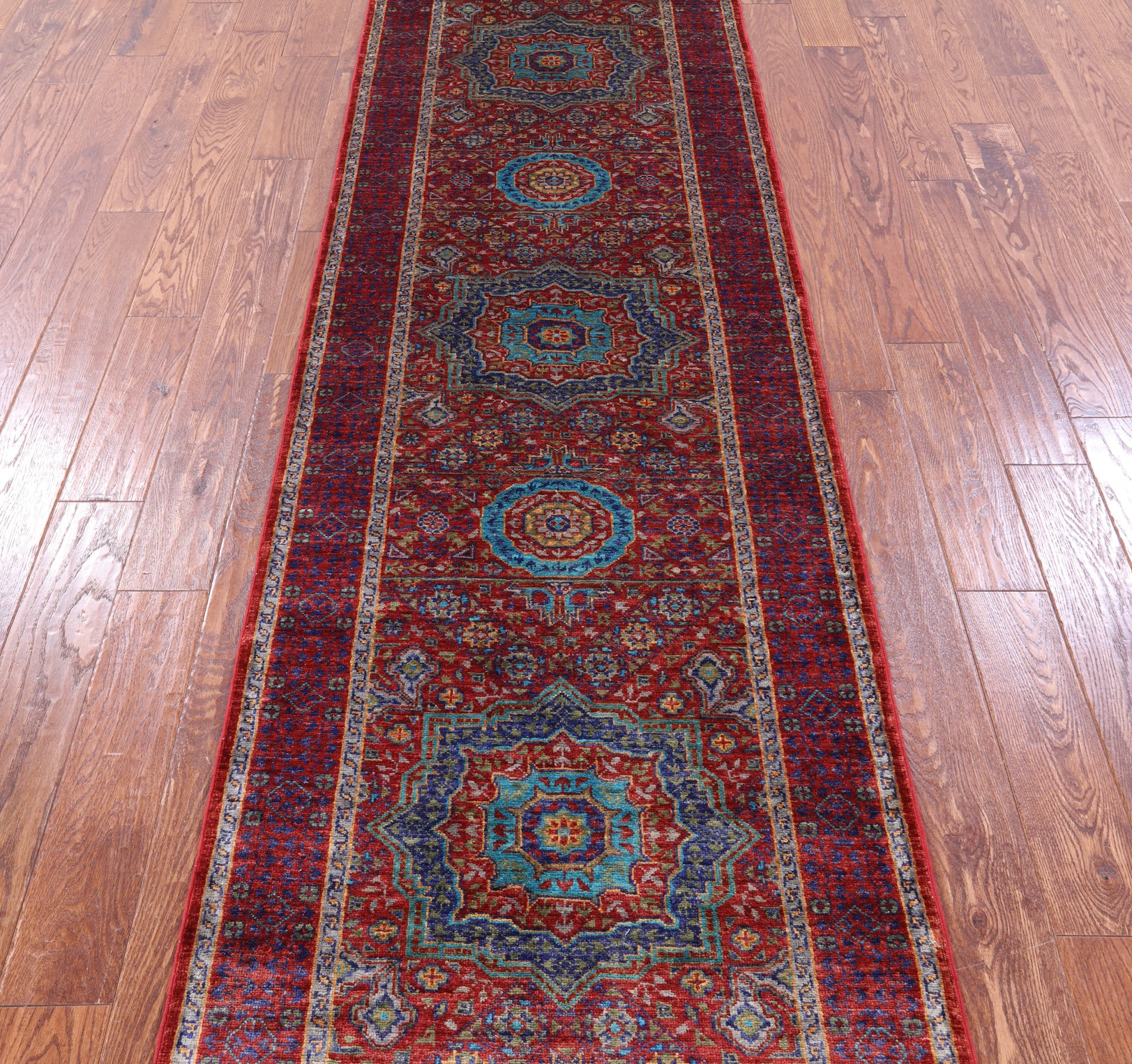 Red Geometric Persian Mamluk Hand Knotted Wool Runner Rug - 2' 9" X 9' 6" - Golden Nile