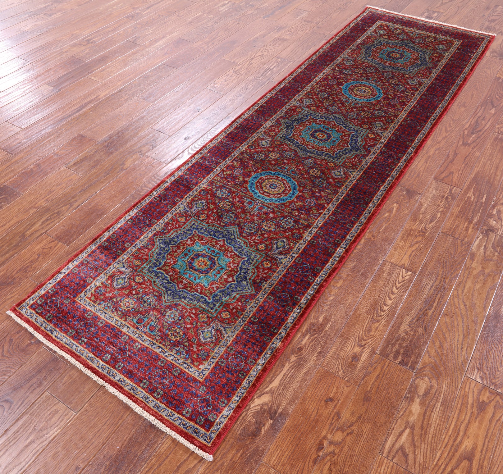 Red Geometric Persian Mamluk Hand Knotted Wool Runner Rug - 2' 9" X 9' 6" - Golden Nile