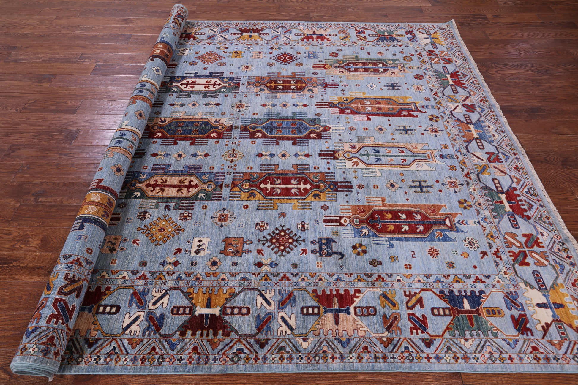Blue Persian Fine Serapi Hand Knotted Wool Rug - 8' 1" X 10' 1" - Golden Nile