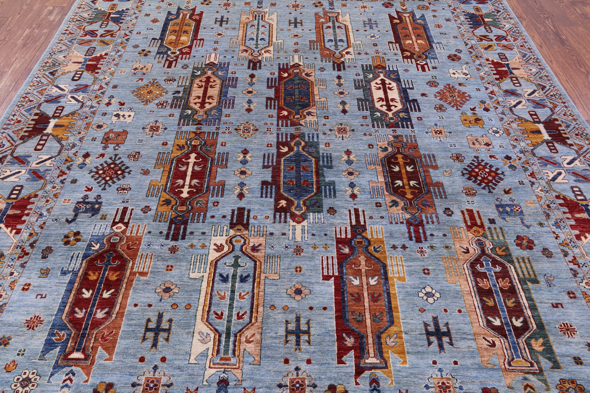 Blue Persian Fine Serapi Hand Knotted Wool Rug - 8' 1" X 10' 1" - Golden Nile