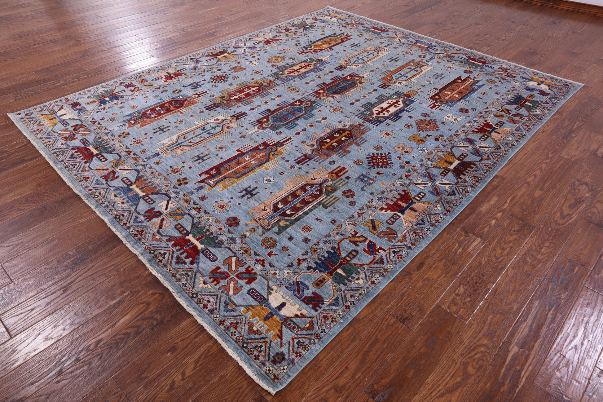 Blue Persian Fine Serapi Hand Knotted Wool Rug - 8' 1" X 10' 1" - Golden Nile