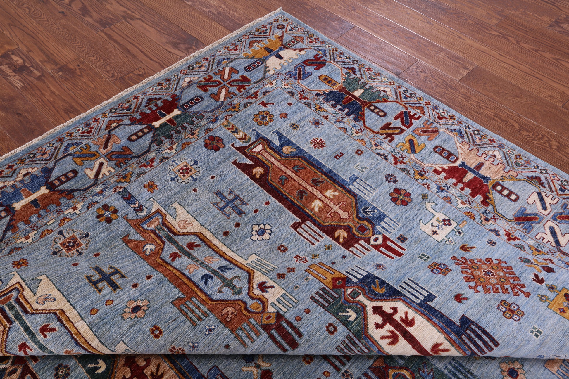Blue Persian Fine Serapi Hand Knotted Wool Rug - 8' 1" X 10' 1" - Golden Nile