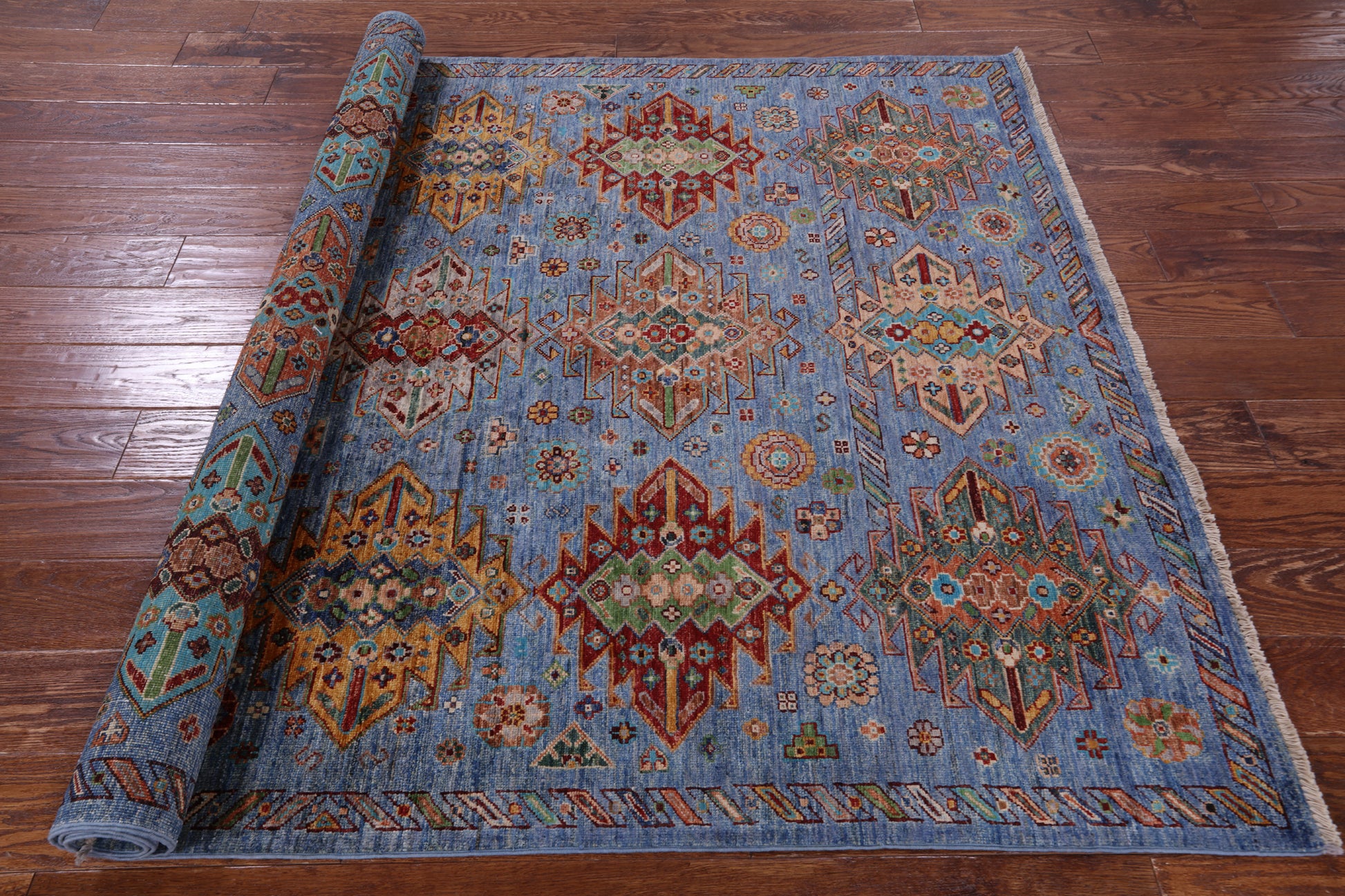 Blue Tribal Persian Hand Knotted Wool Rug - 5' 1" X 7' 0" - Golden Nile