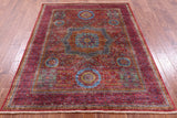 Red Mamluk Hand Knotted Wool Rug - 5' 0" X 6' 6" - Golden Nile