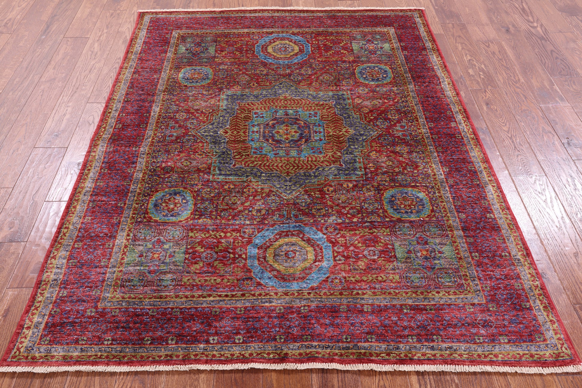 Red Mamluk Hand Knotted Wool Rug - 5' 0" X 6' 6" - Golden Nile