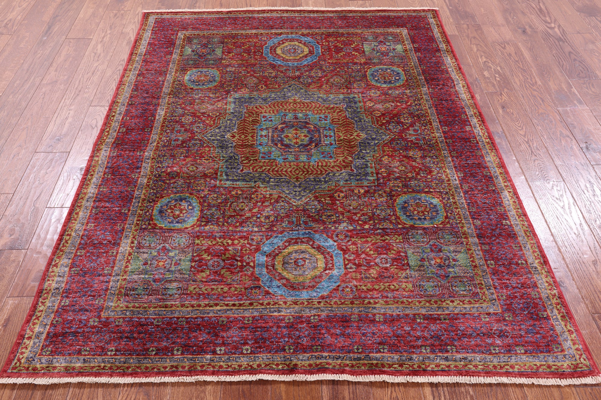 Red Mamluk Hand Knotted Wool Rug - 5' 0" X 6' 6" - Golden Nile