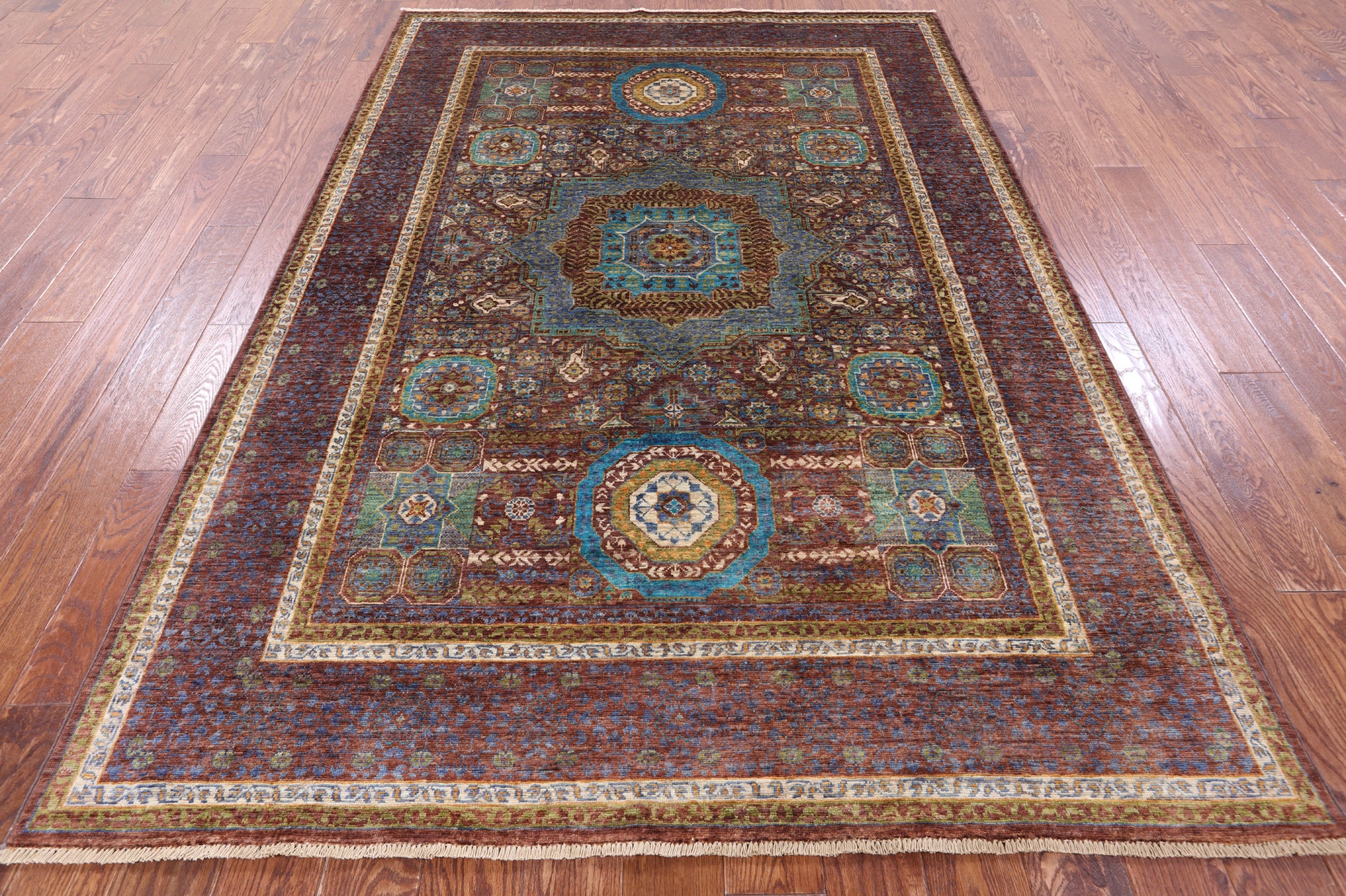 Geometric Persian Mamluk Handmade Wool Rug - 5' 8" X 8' 3" - Golden Nile