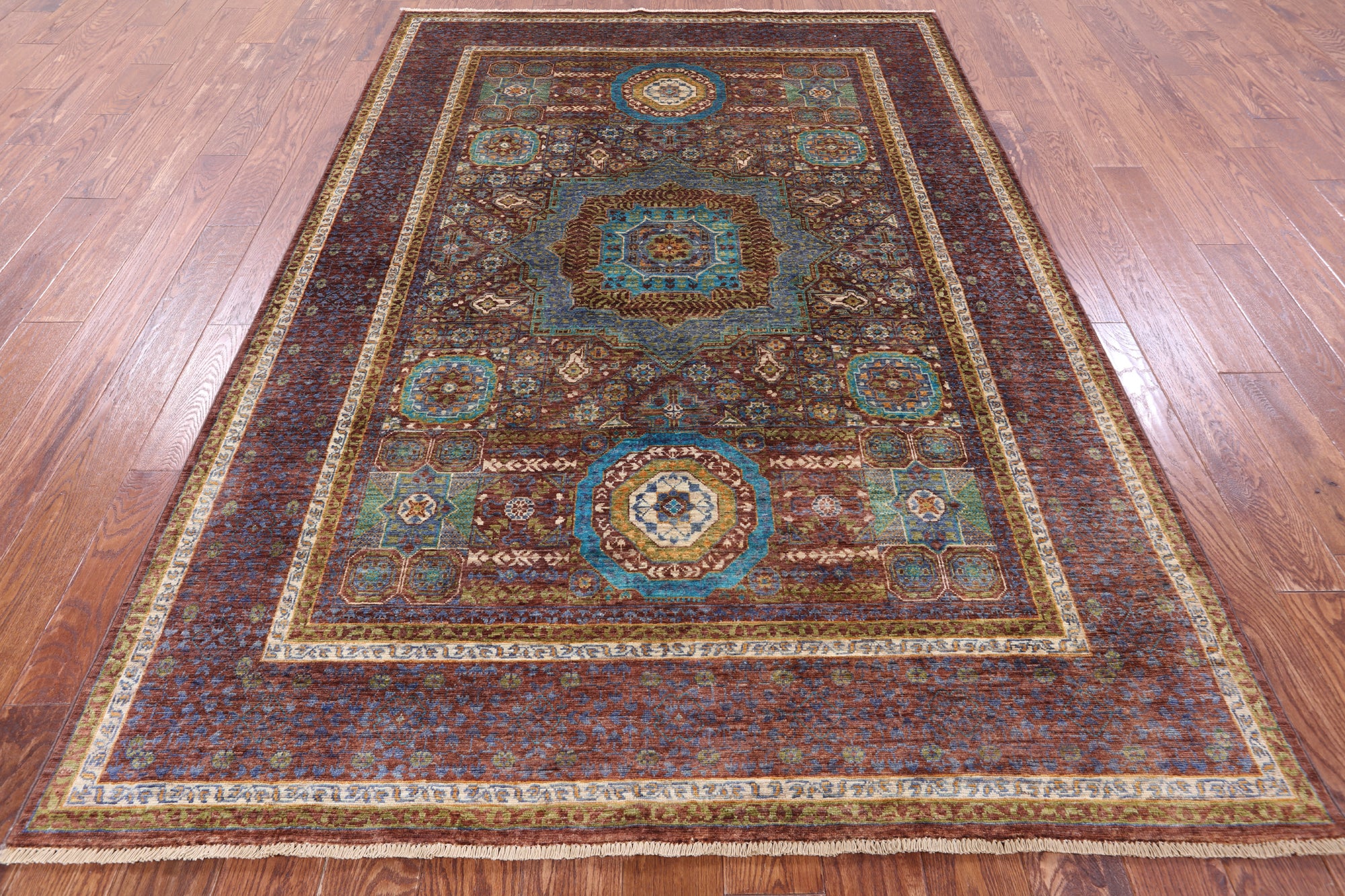 Geometric Persian Mamluk Handmade Wool Rug - 5' 8" X 8' 3" - Golden Nile