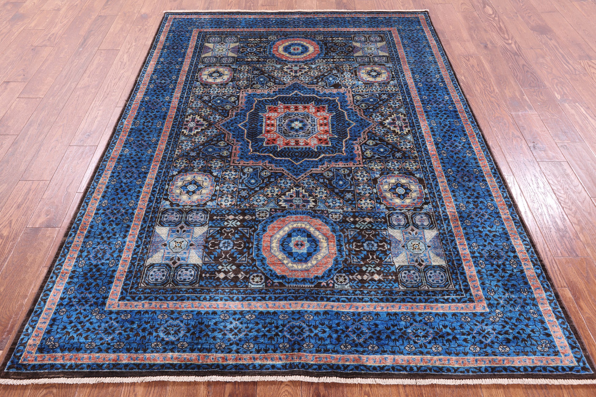 Brown Geometric Persian Mamluk Handmade Wool Rug - 5' 7" X 7' 6" - Golden Nile