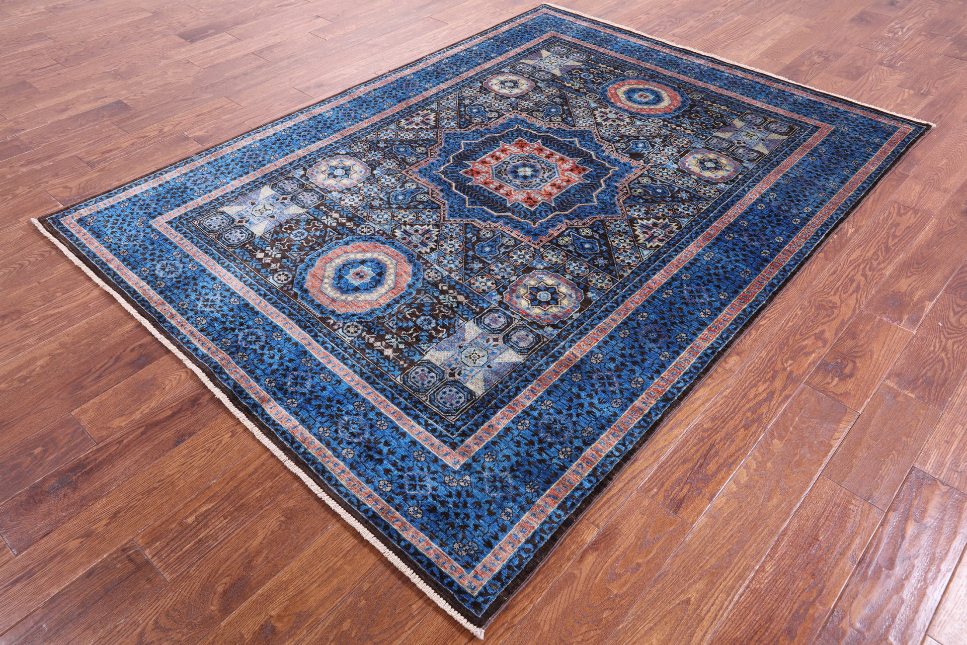 Brown Geometric Persian Mamluk Handmade Wool Rug - 5' 7" X 7' 6" - Golden Nile
