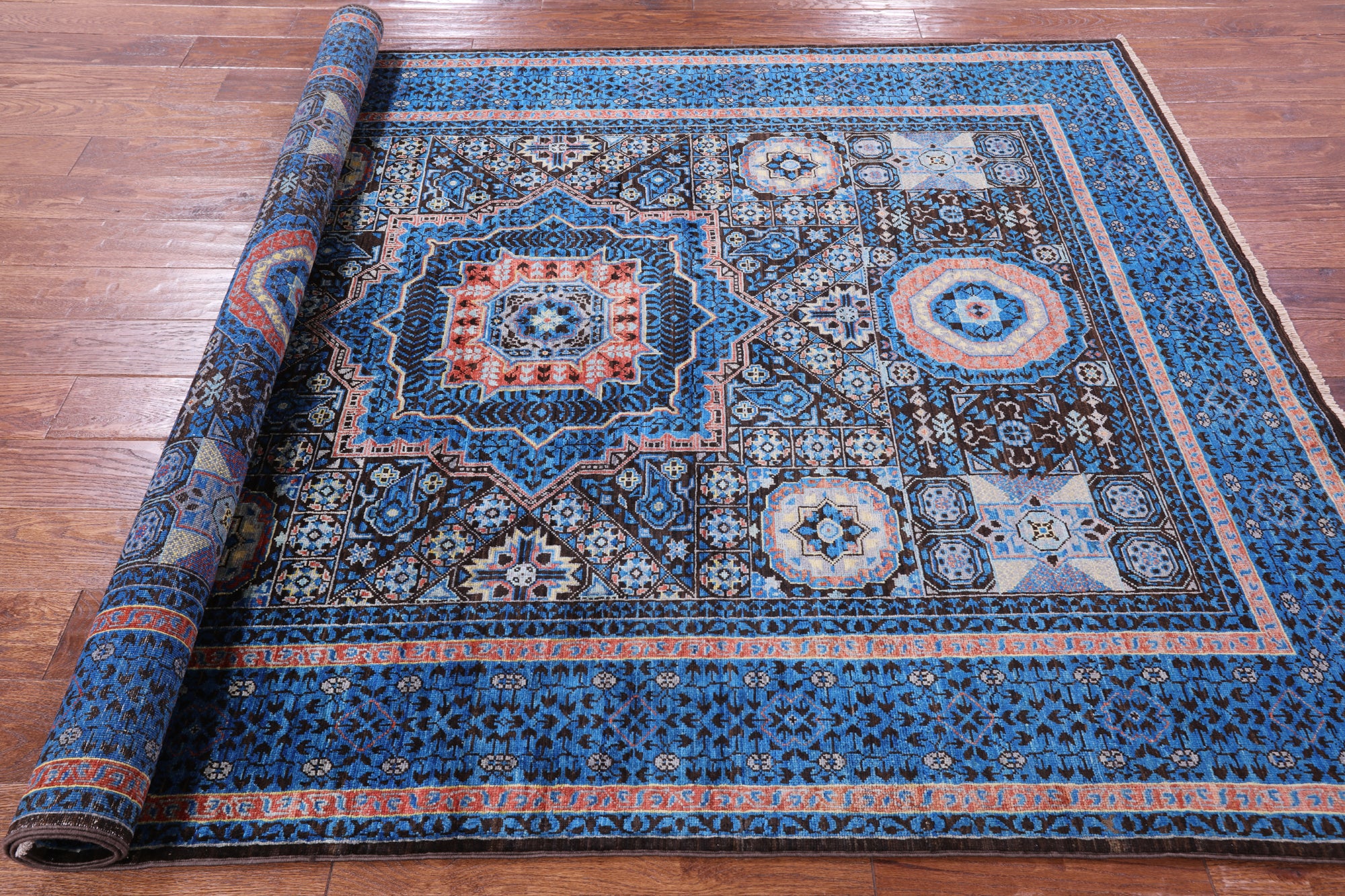 Brown Geometric Persian Mamluk Handmade Wool Rug - 5' 7" X 7' 6" - Golden Nile