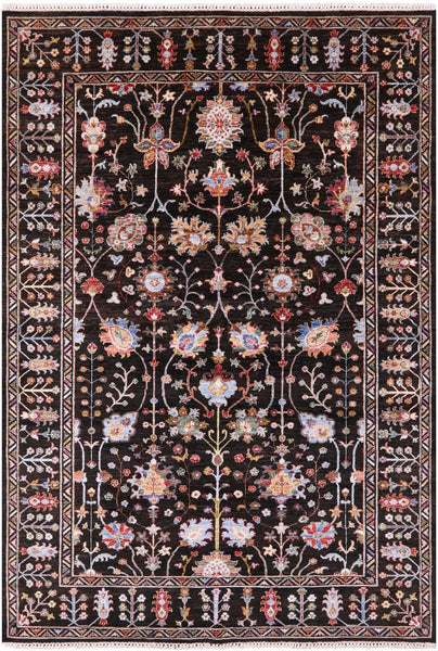Brown Peshawar Hand Knotted Wool Rug - 6' 2" X 8' 10" - Golden Nile